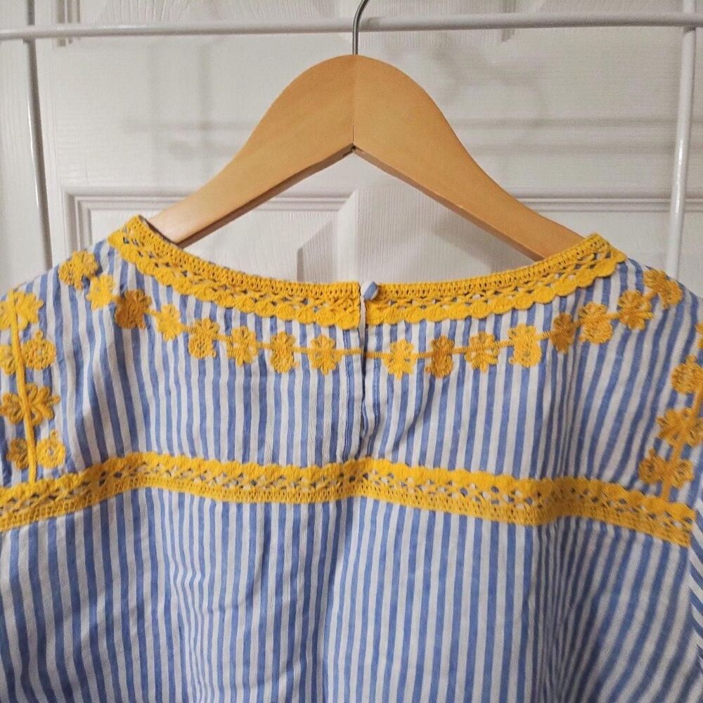 Boden Blue & White Striped Short Sleeve Top with Yellow Embroidery and Lace Trim - Picture 5 of 6